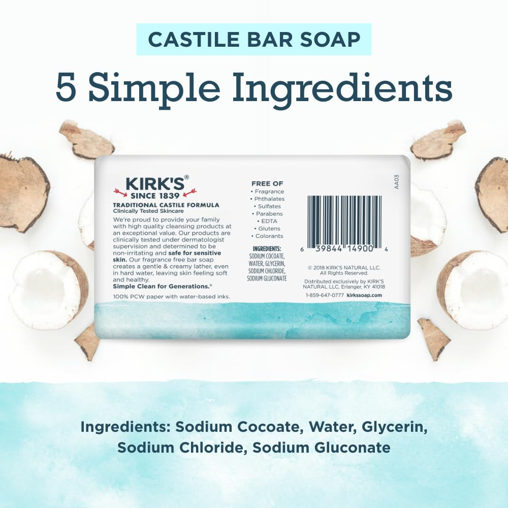 Castile Bar Soap for Men, Women & Children - Made with Premium Coconut Oil, Sensitive Skin Formula- Vegan & Non GMO- Fragrance Free- 4 Oz. Bars 6 Pack